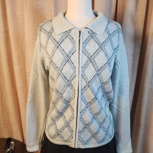 Thyme Y2K Blue Argyle Zip Front Cardigan Sweater Collared Preppy M